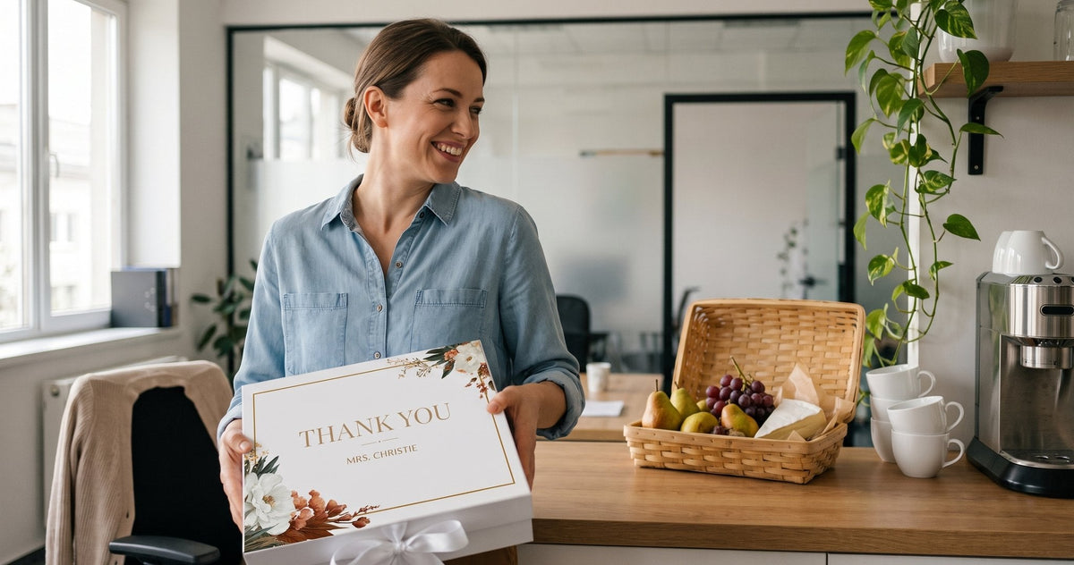 A woman lifts a lidded thank-you gift box from an office counter while an open willow basket stays behind