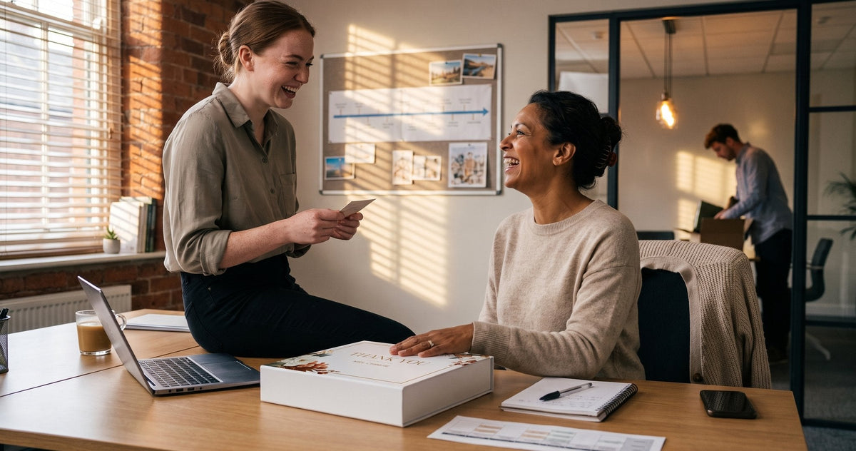 A colleague laughs as she rests her hand on a thank-you gift box on her office desk.