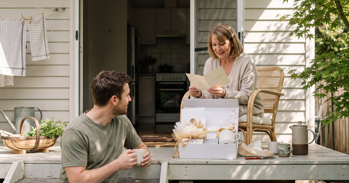 A woman in her sixties reads the card from an opened gift box on her porch, her grown son beside her