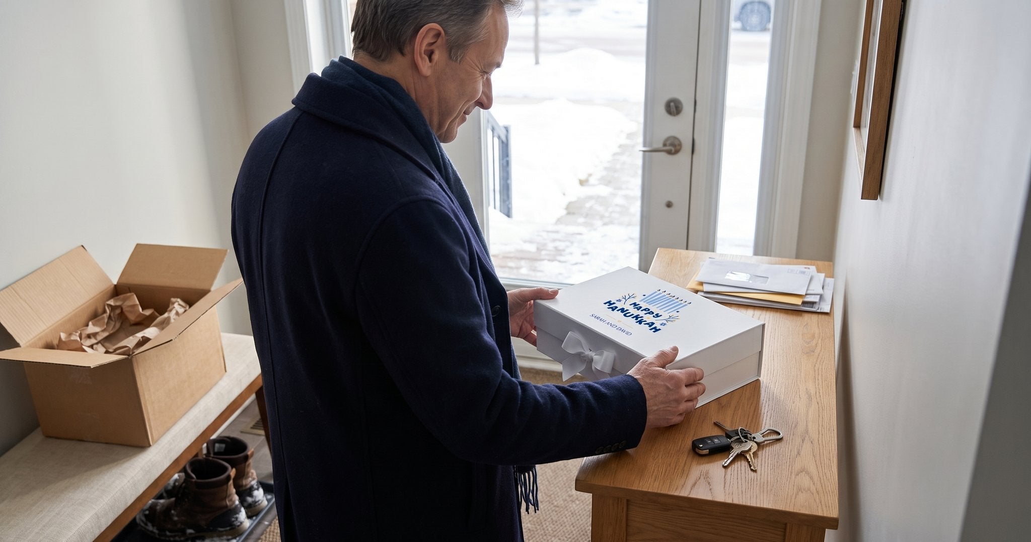 A man in a wool coat reads the printed lid of a closed Nikimoon Hanukkah gift box on his hall console.