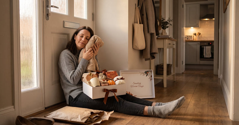 A woman sits on her entryway floor in late afternoon light, a soft blanket half lifted from an open comfort box.