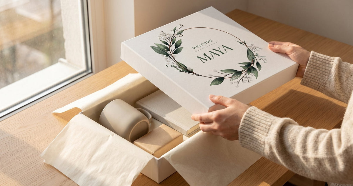 Two hands lift the personalised lid off a welcome box on a desk, a printed wreath and the new hire's name on the lid, a mug and a notebook inside.