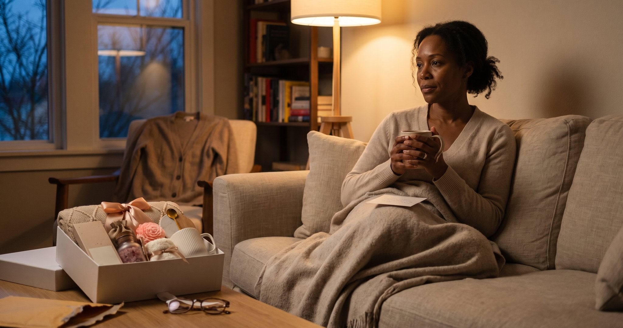 A woman on a sofa holds a warm mug after reading a card, an open Nikimoon comfort gift box on the table
