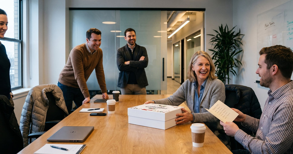 A manager laughs with four colleagues at a meeting table over a closed personalized gift box and signed card.