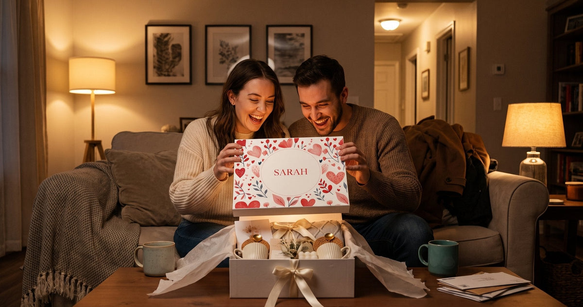 A young couple on their sofa at dusk lift the lid off an open Nikimoon gift box together.