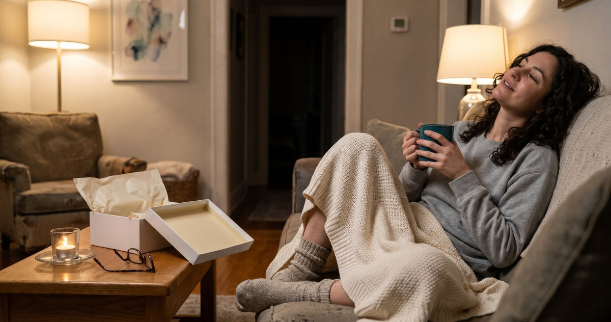 A woman rests in the corner of her sofa in lamplight, a cotton blanket across her knees, the emptied gift box beside her.