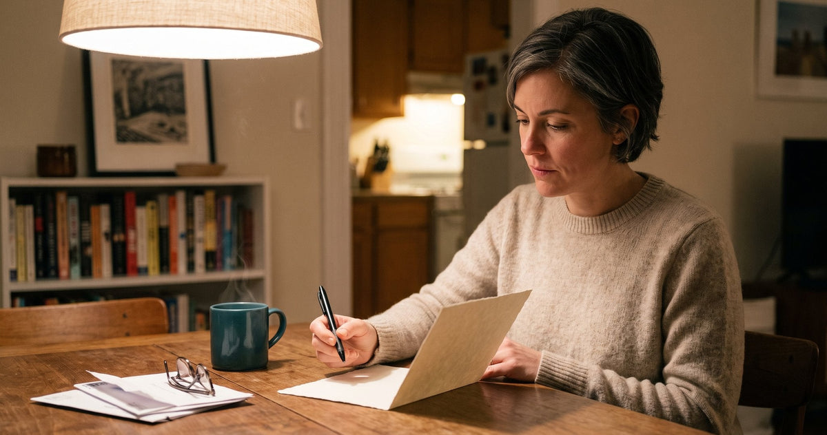 A woman at a lamplit dining table holds a pen over a blank folded card, thinking about the first line.