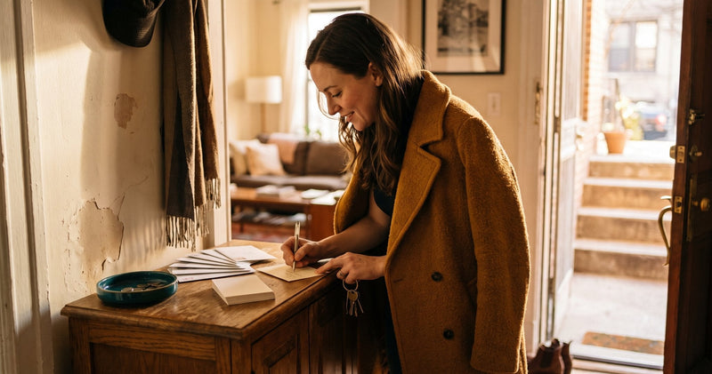 A woman in a coat pauses at her entryway console to write a note by hand in late afternoon light.