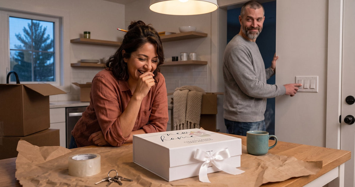 A woman laughs over the printed new home lid of a closed gift box on a kitchen island covered in packing paper.