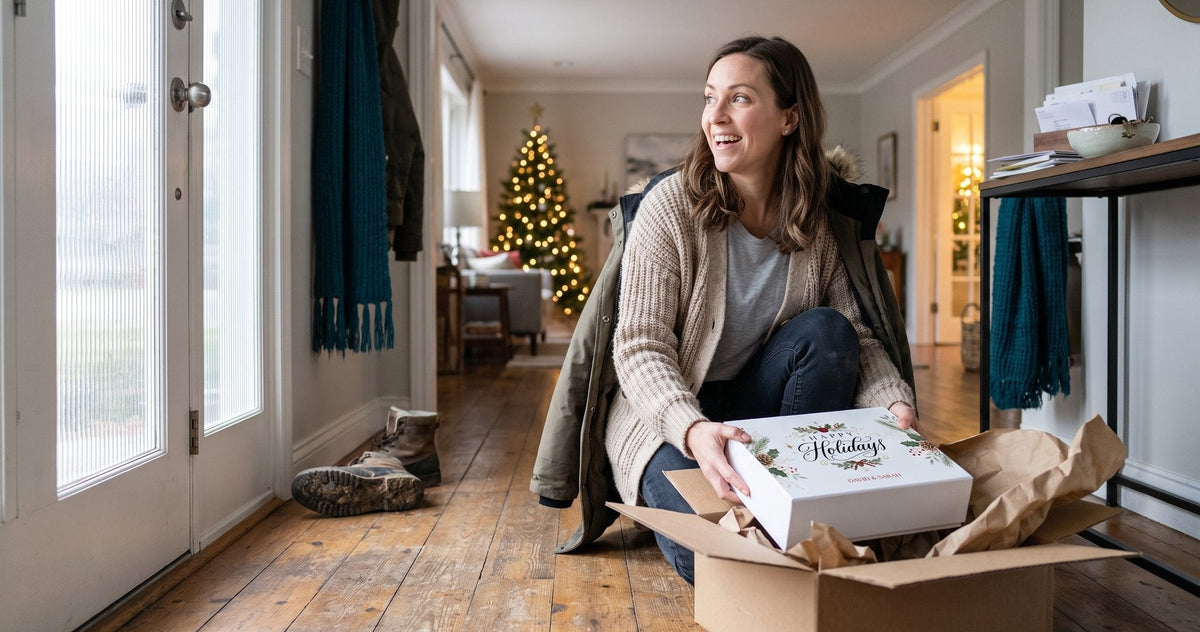 A woman kneels in her hallway in early December, lifting a printed-lid Nikimoon gift box out of its shipping carton.