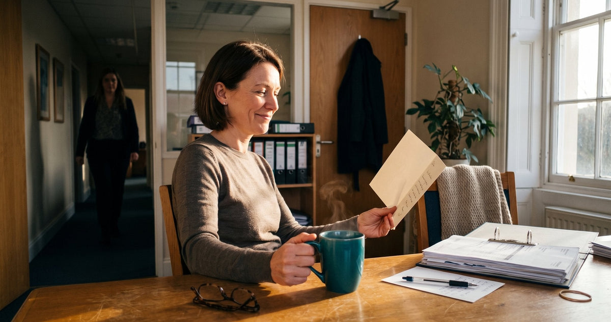 A woman in her office reads a small handwritten card, a ceramic mug still steaming at her elbow in low afternoon sun.