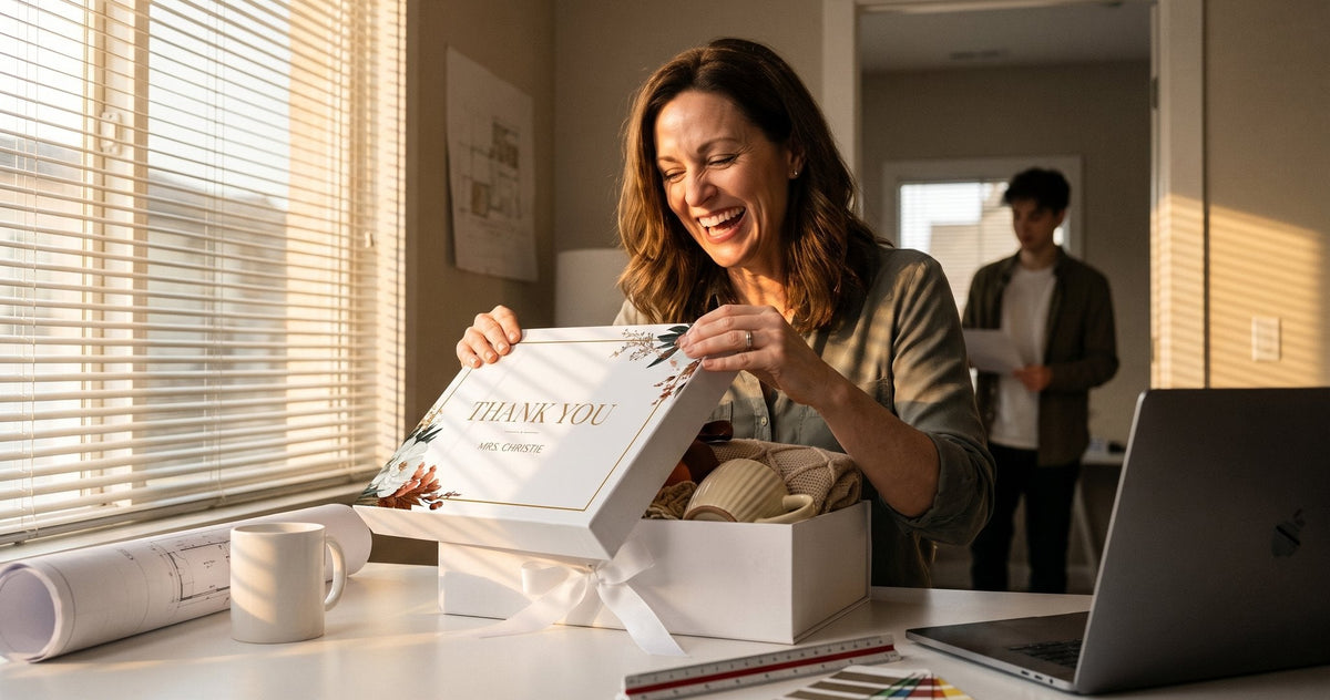 A woman lifts the printed lid off a gift box on her studio desk, late afternoon light through the blinds