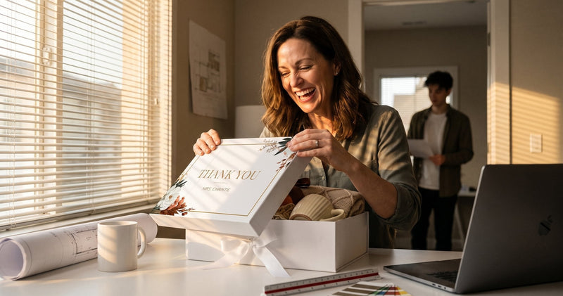A woman lifts the printed lid off a gift box on her studio desk, late afternoon light through the blinds