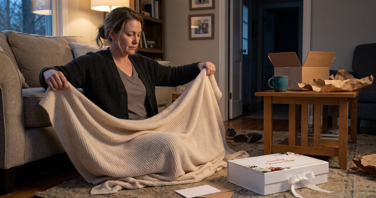 A woman at dusk unfolds a cream knit blanket beside a closed Nikimoon sympathy box on her living-room rug.