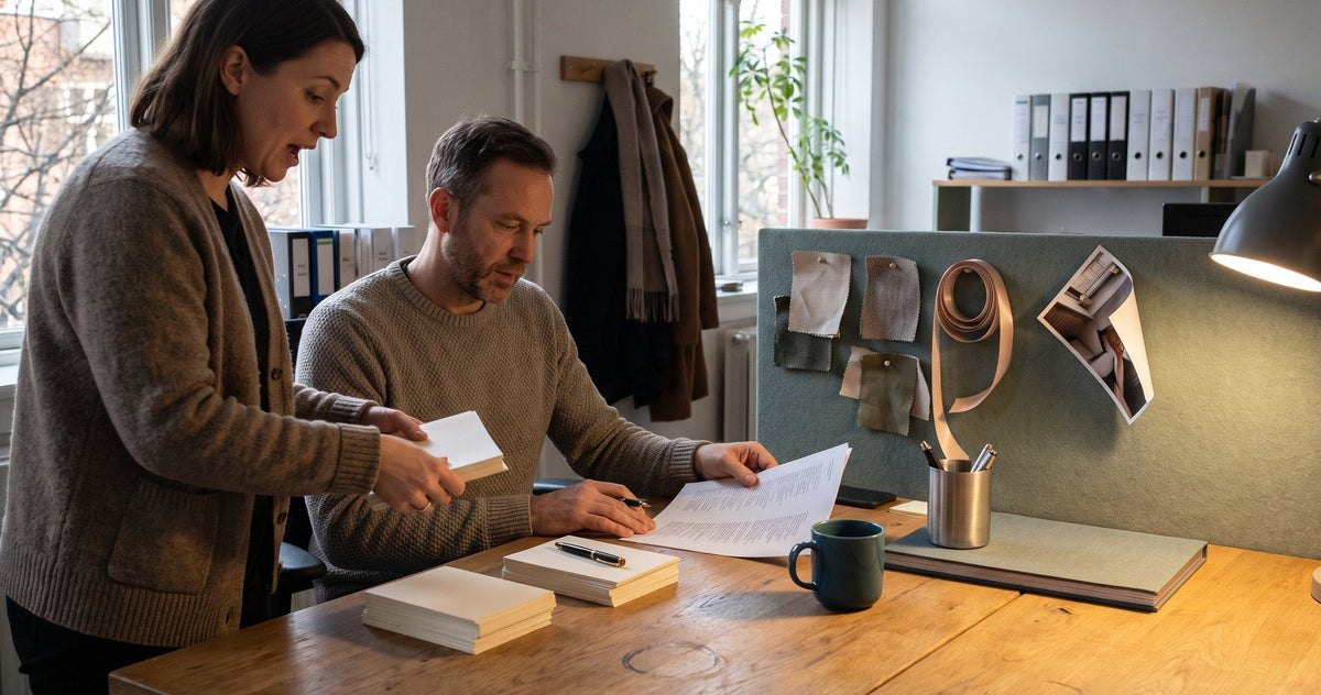Two colleagues at a November office worktable, counting blank cream cards beside a printed address list.