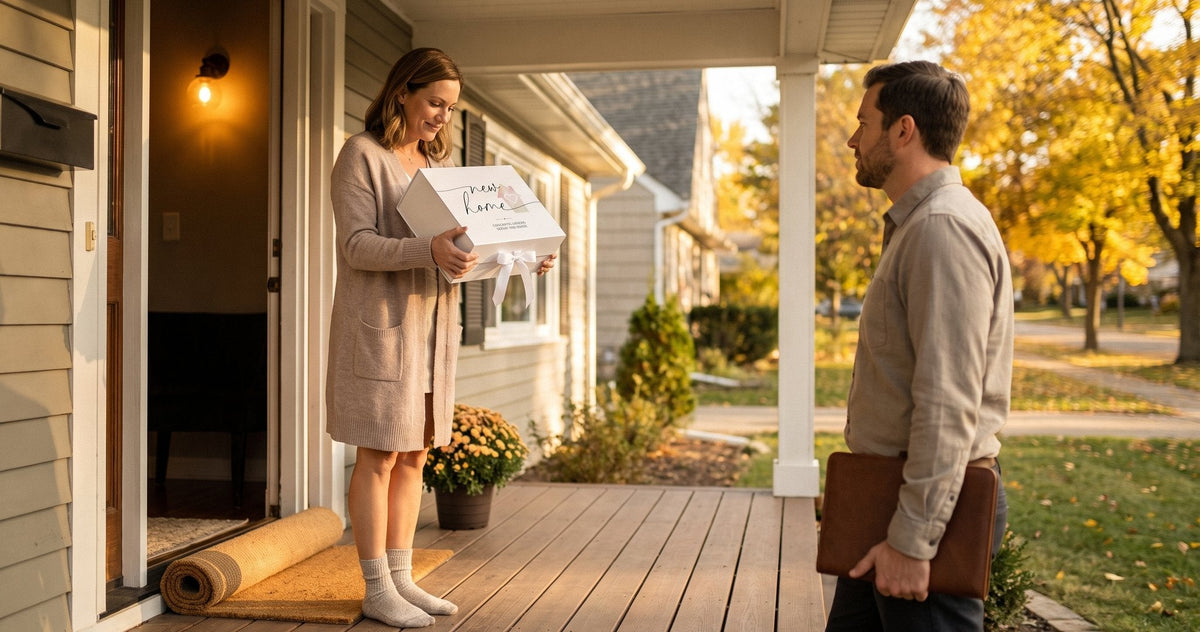 A client takes a closed personalized Nikimoon box in both hands from her agent at her new front door at sunset.