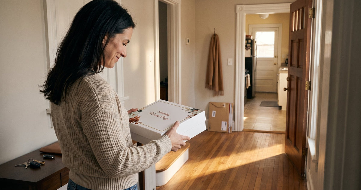 A woman stops in her sunlit front hall to read the printed lid of a just-delivered gift box.
