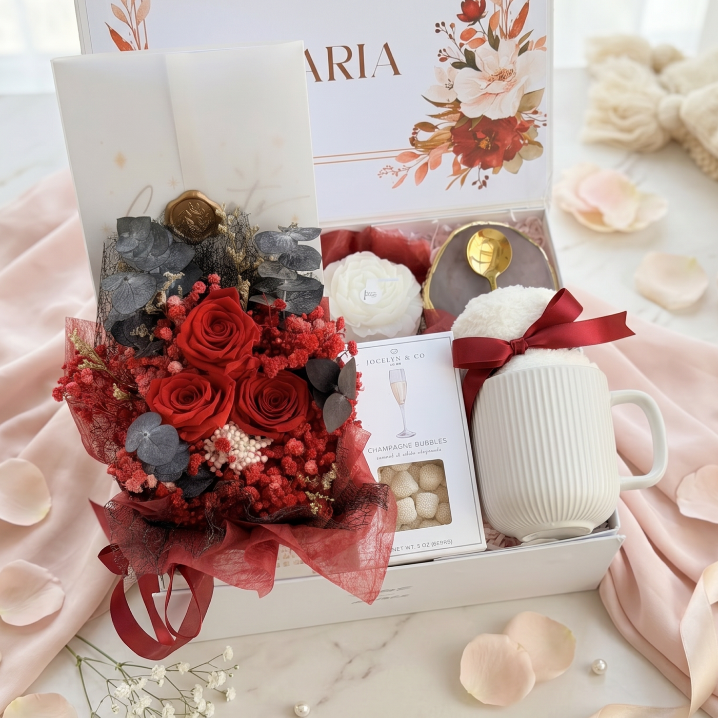 Dried Bloom & Bubbles Comfort Box — front view