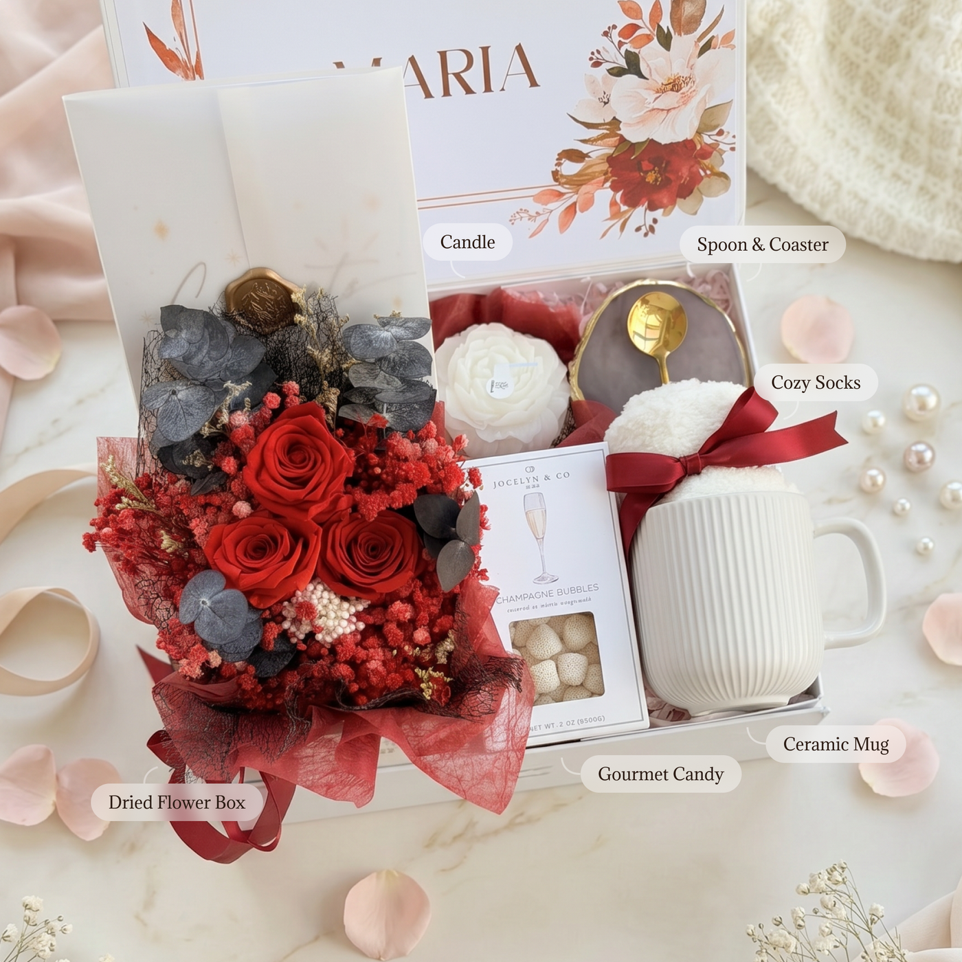 Dried Bloom & Bubbles Comfort Box — inside view