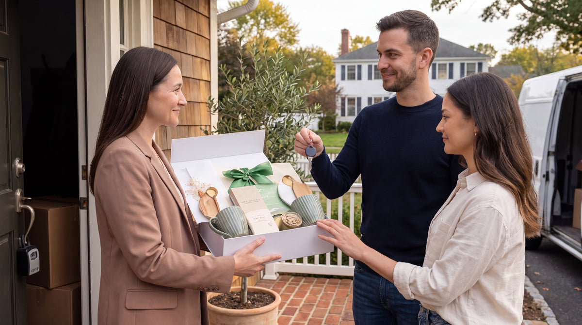 A homebuyer laughing as she is handed a Nikimoon gift box in her new home