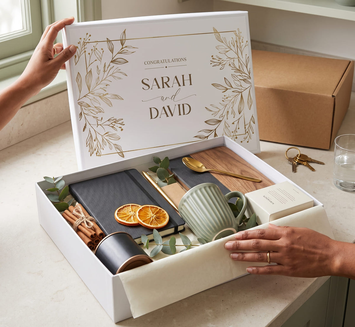 A Nikimoon closing gift box opened on a table, exactly as the client receives it